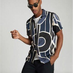 Reiss Mens Blue Deco Printed Cuban Collar Shirt.